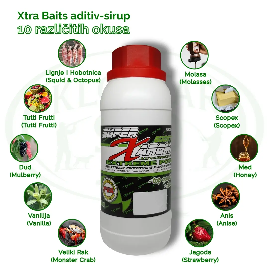 Aditiv Xtra Baits 10 aroma - lignja i hobotnica, tutti frutti, dud, vanilija, veliki rak, molasa, scopex, med, anis, jagoda