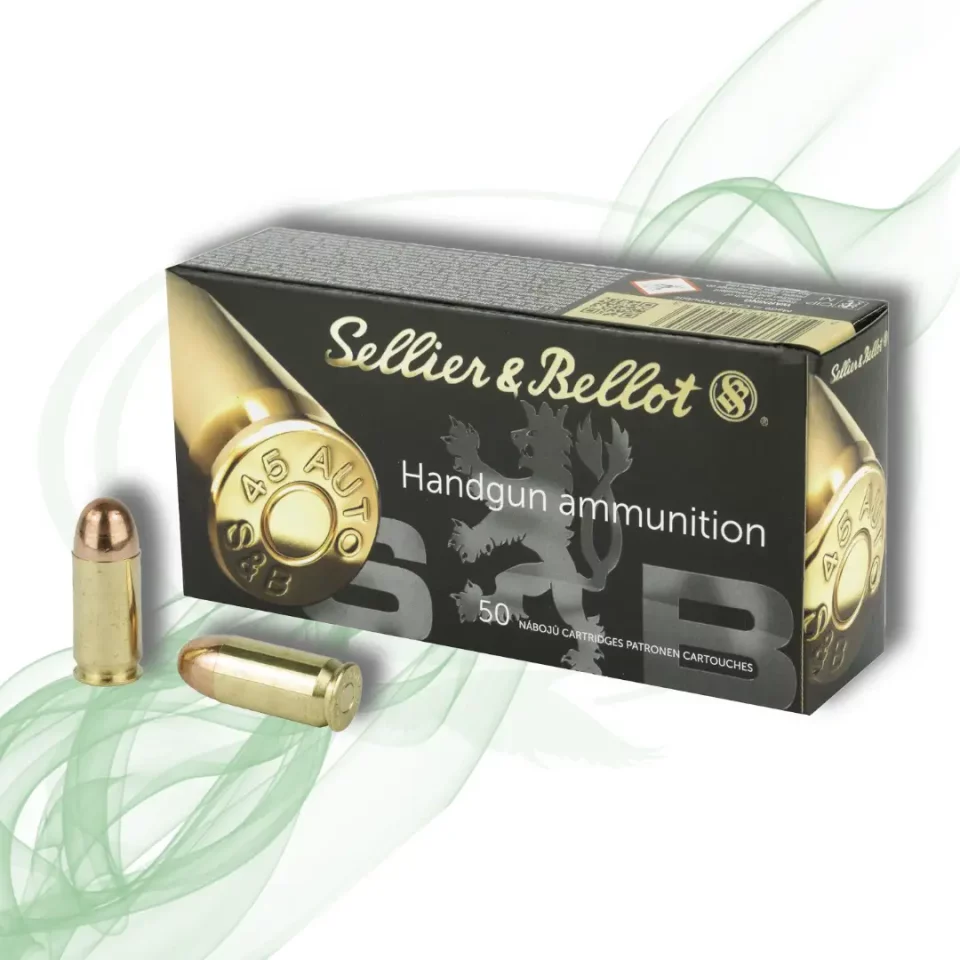 Sellier & Bellot (S&B) 45 AUTO ACP FMJ metak vodoravno, metak horizontalno i pakiranje u pozadini