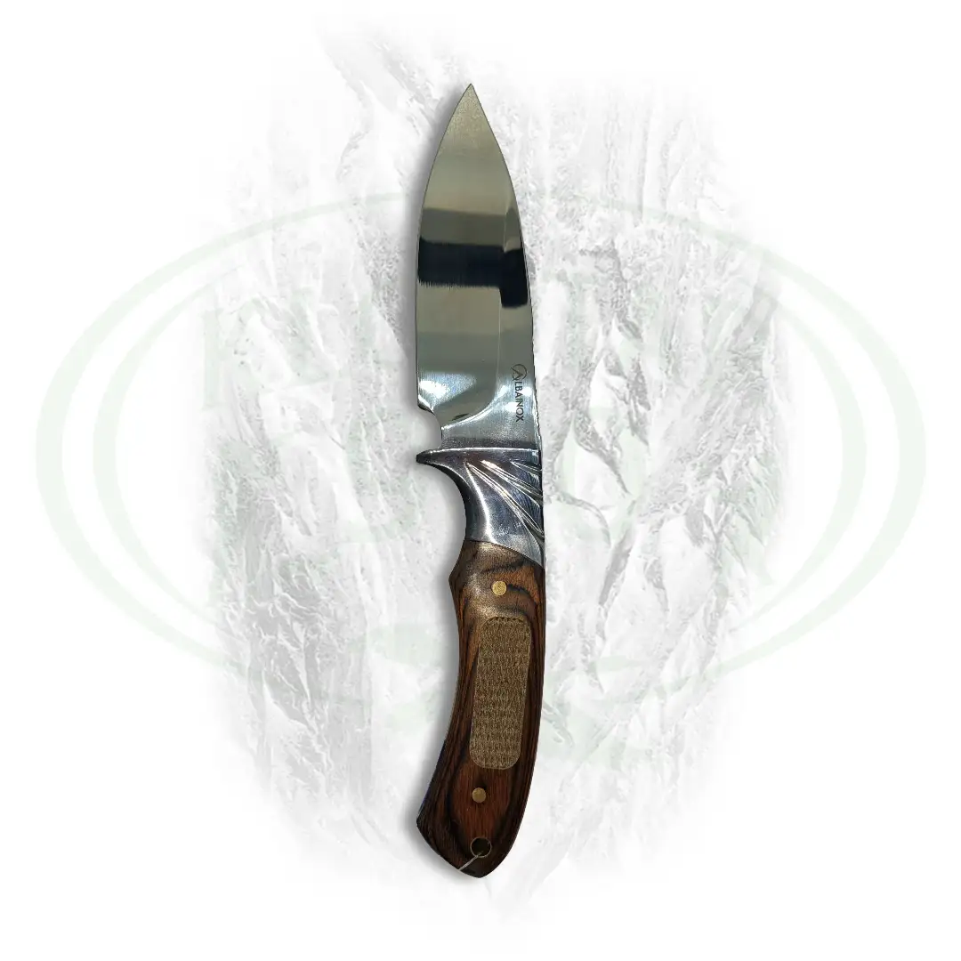 nož za lov s drvenom tamno smeđom drškom i srebrnom albainox oštricom