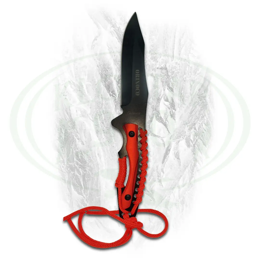 Taktički nož s crvenom drškom i crnom štricom natpisa orinoco